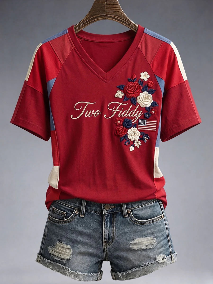 Patriotic Floral Two Fiddy Women's V-Neck T-Shirt, America Shirt, Patriotic Shirt