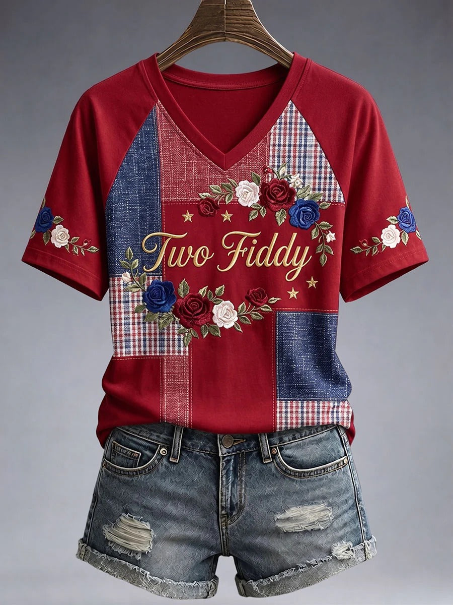 Patriotic Patchwork Floral Two Fiddy Women's V-Neck T-Shirt, USA T-Shirt, America Shirt