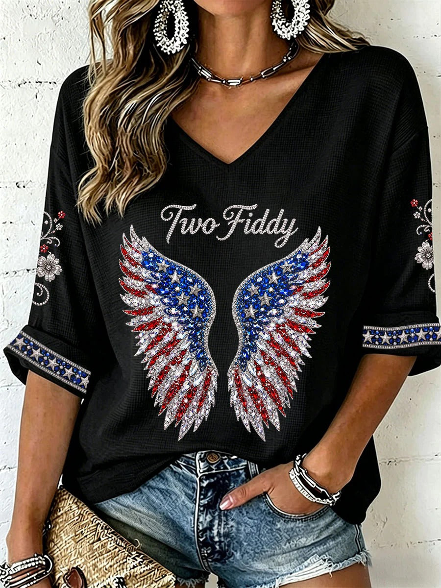 Patriotic Angel Wings Two Fiddy Women's V-Neck Middle Sleeve Top, America Shirt, USA Shirt