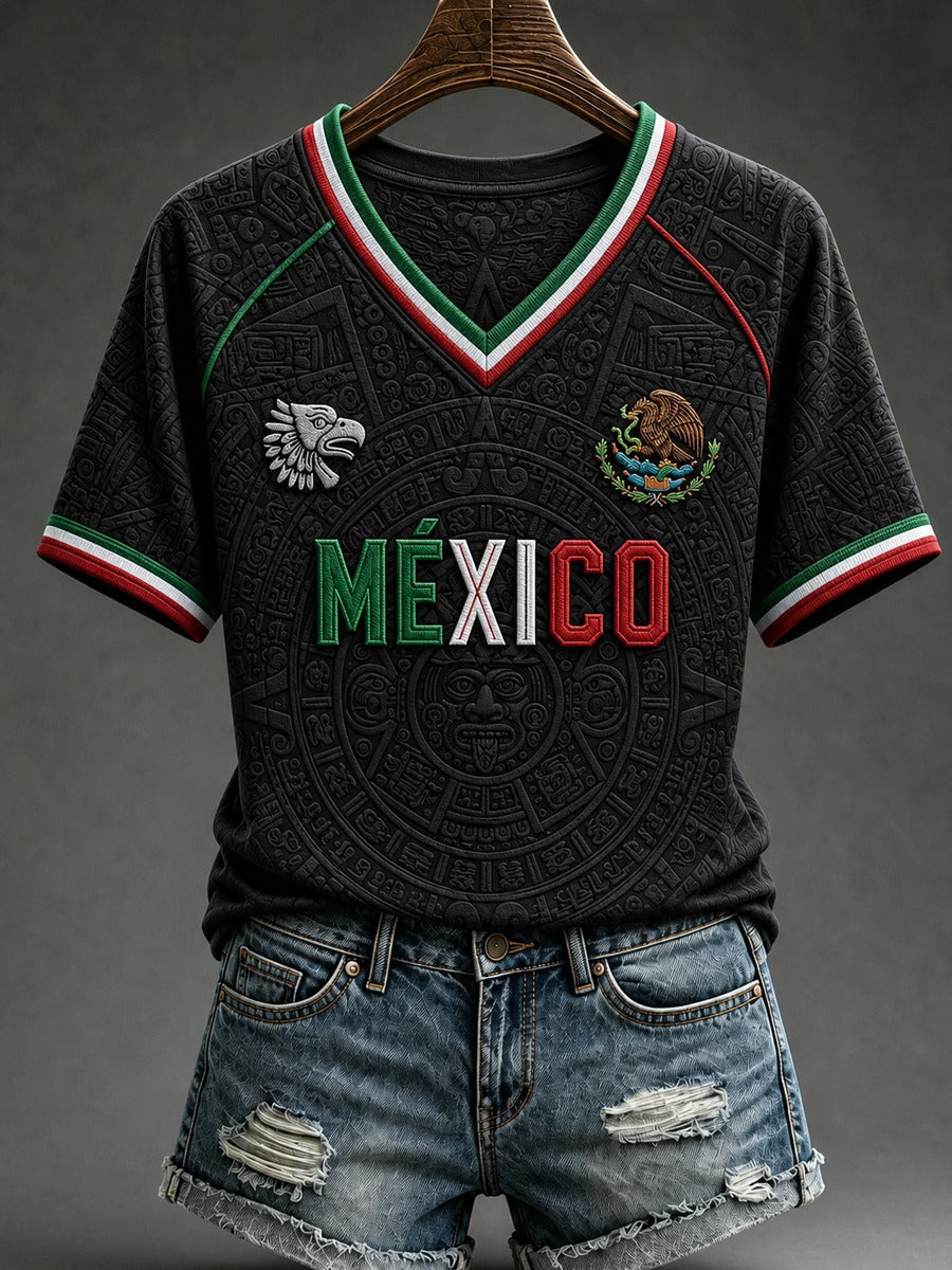 Heritage Castle Printed V-Neck Shirt, Women's Mexico Football Tee, Football Fan Wear
