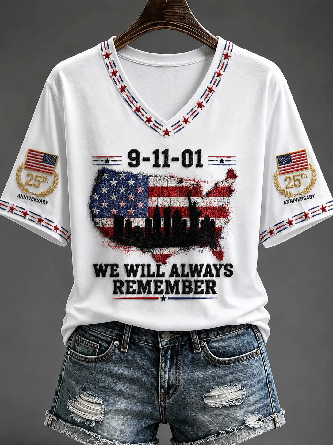 Printed 9 11 Memorial V-Neck Shirt, Women's Graphic Tee, Patriotic Shirt