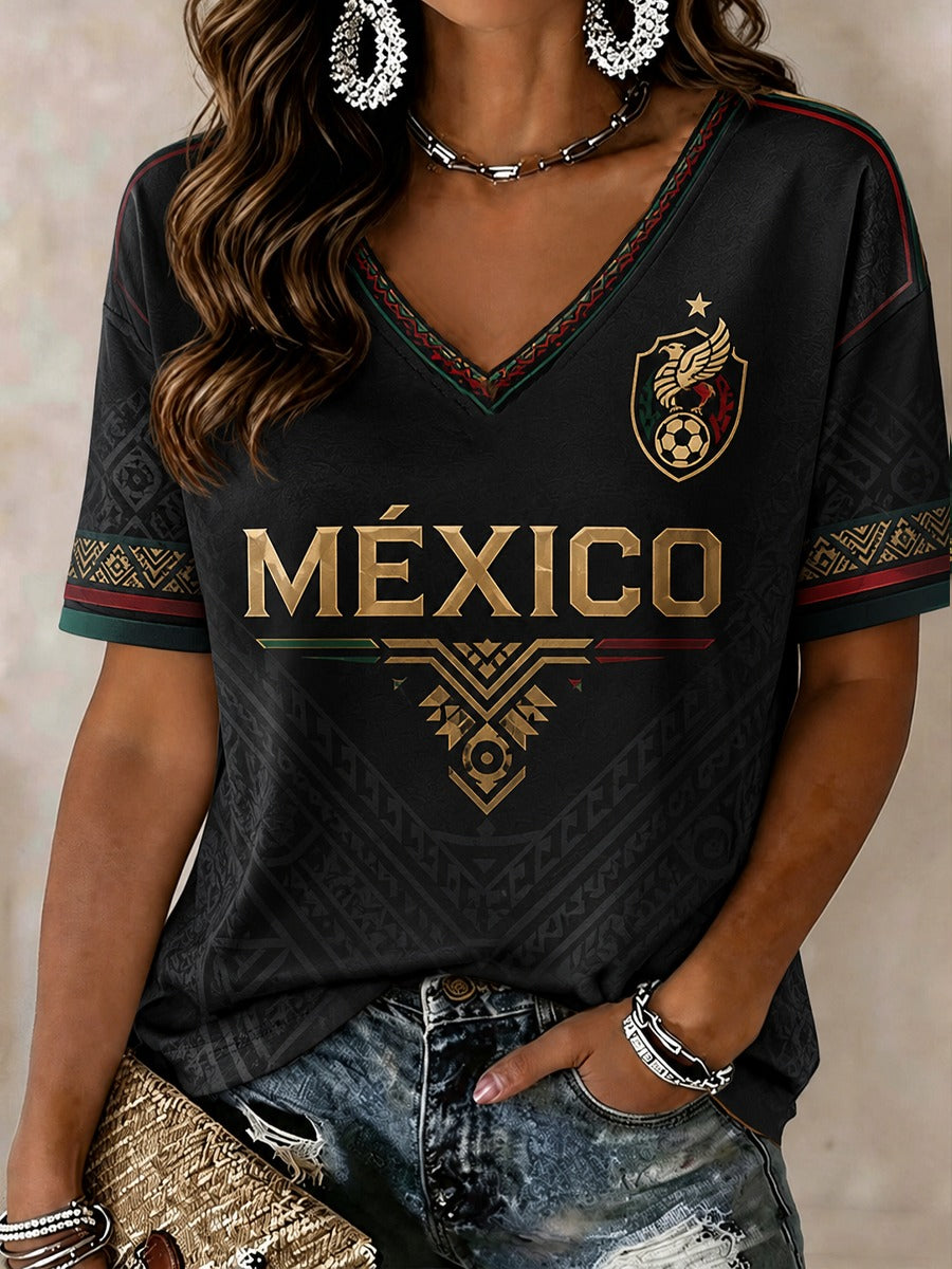 Mexican Aztec Soccer Jersey Style V-Neck T-Shirt, Women's Soccer Shirt, Soccer Fan Shirt