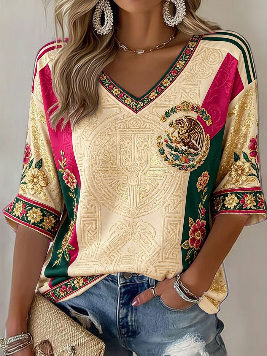 Mexican Floral Embroidered Style V-Neck T-Shirt, Mexico Women's Soccer Shirt, Soccer Fan Shirt