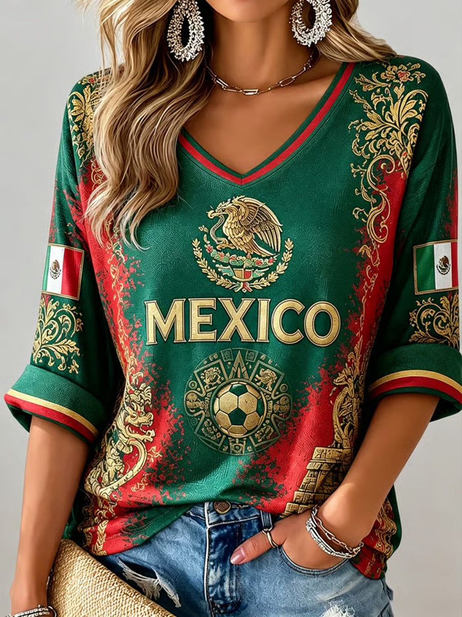 Mexican Eagle Soccer Aztec Art V-Neck T-Shirt, Women's Soccer Shirt, Soccer Fan Shirt