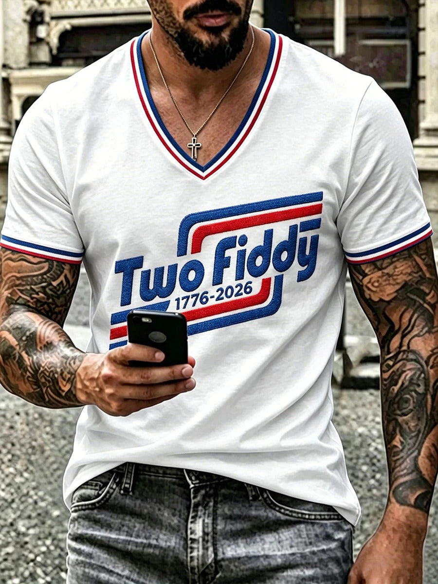 Retro Two Fiddy Logo Men's V-Neck T-Shirt, America 250 Shirt, Patriotic T-Shirt