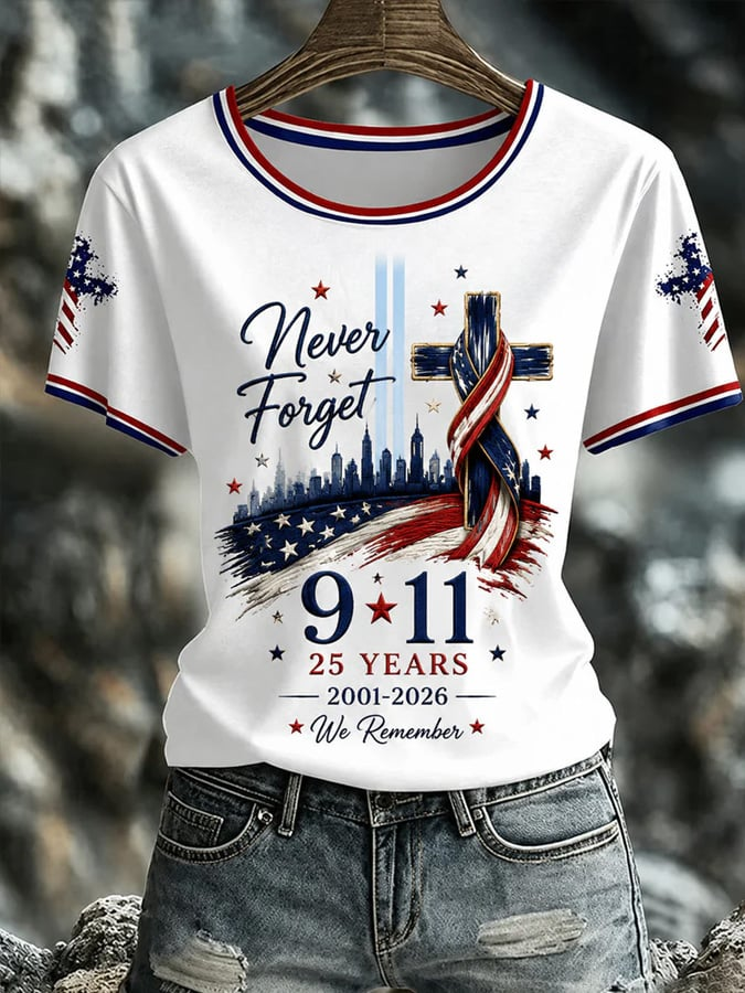 September 11 Never Forget Cross Shirt, Women's Graphic Tee, American Flag Shirt