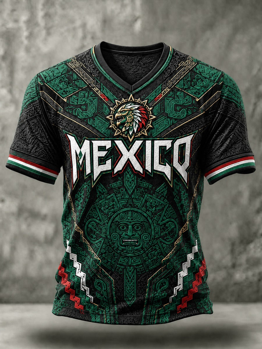 Aztec Warrior Mexico V-Neck Soccer Shirt, Men’s Soccer Shirt, Football Fan Shirt