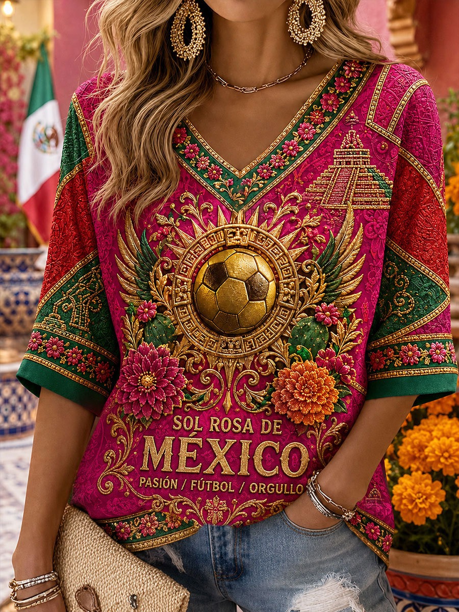 Pink Aztec Soccer Floral Mexico V-Neck Shirt, Women’s Soccer Shirt, Football Fan Gift