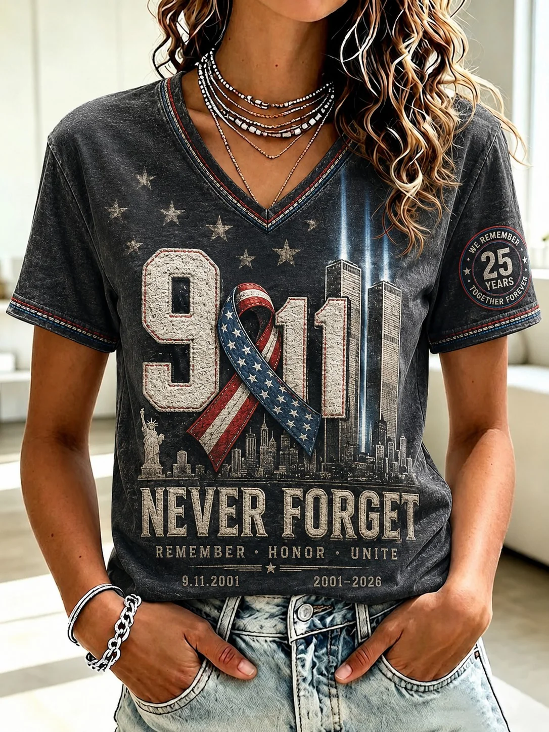 9.11 Never Forget Printed Shirt, Women's Graphic Tee, September 11 Shirt