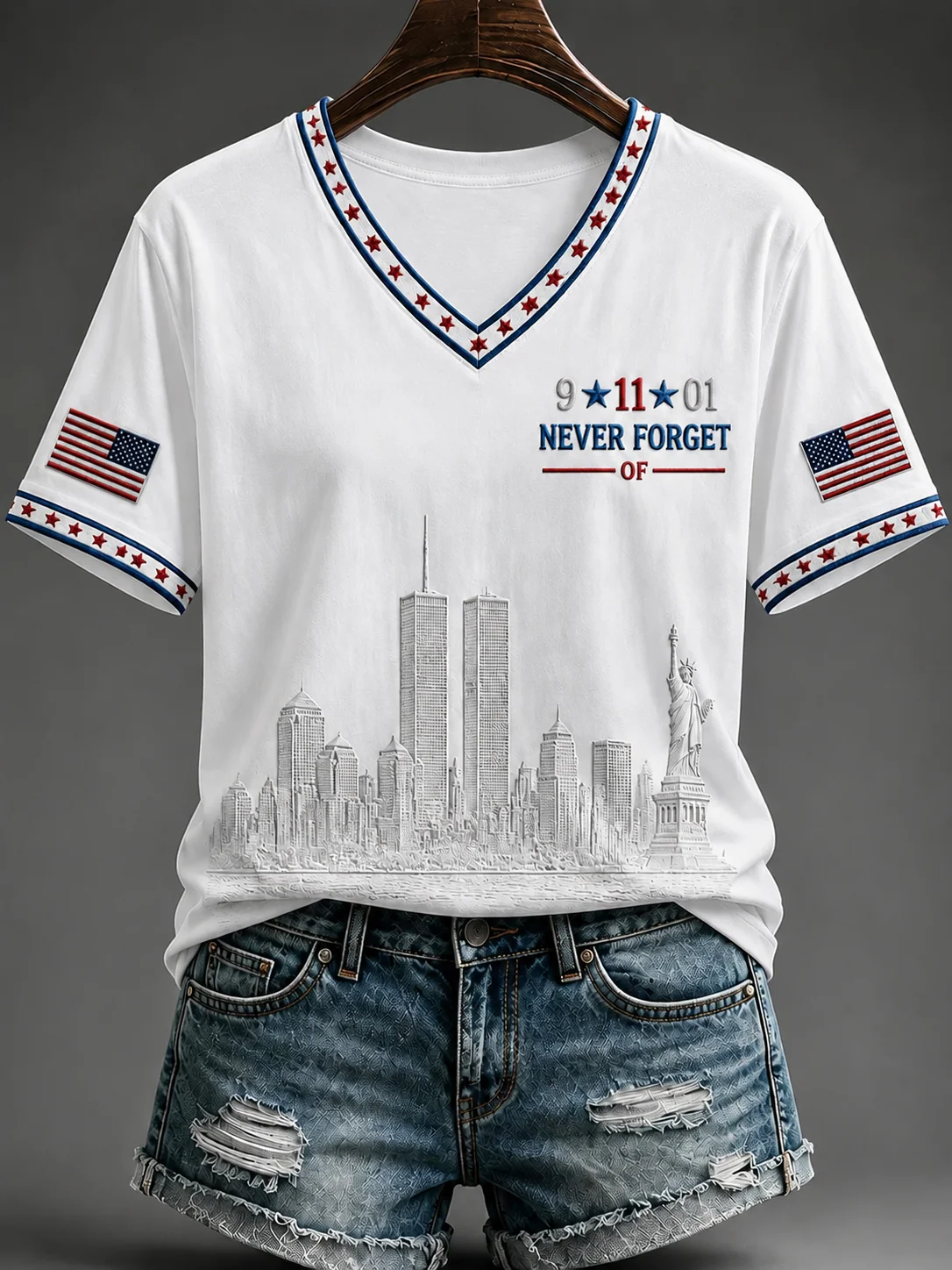 Never Forget 9 11 New York Skyline V-Neck Shirt, Women's Graphic Tee, September 11 Shirt