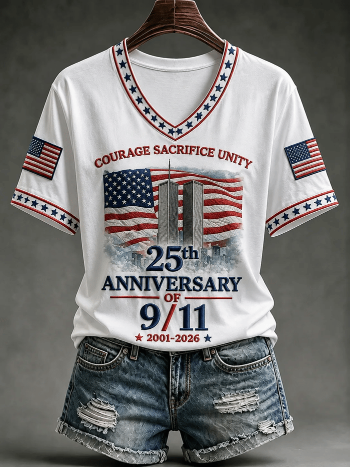 Courage Sacrifice Unity 9 11 25th Anniversary V-Neck Shirt, Graphic Tees For Women, Patriotic Shirt
