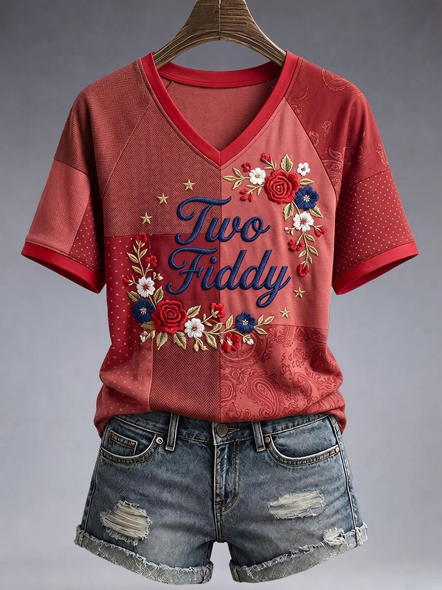 Floral Two Fiddy Embroidered Patriotic Women's V-Neck T-Shirt, Women’s Patriotic Shirt, America Shirt