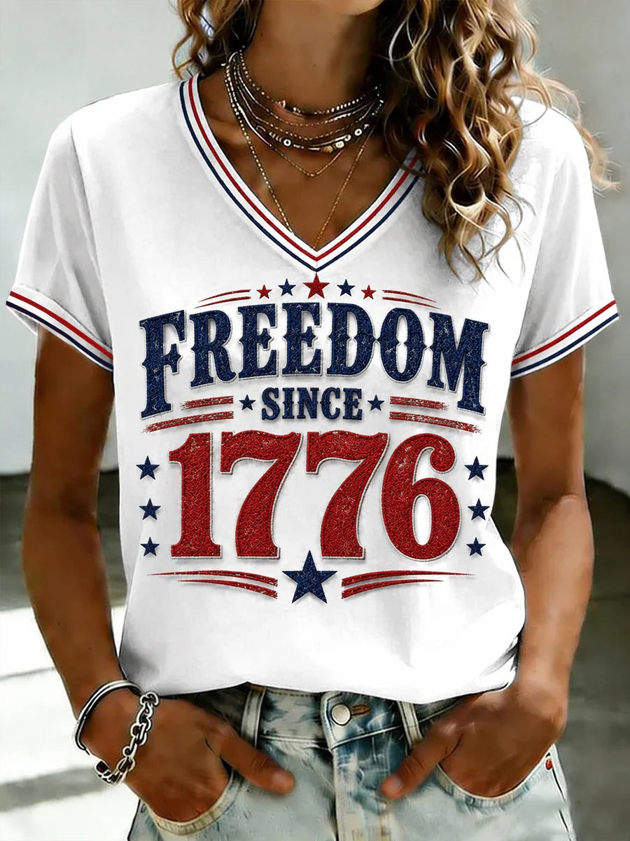 Freedom Since 1776 Vintage Patriotic Women's V-Neck T-Shirt, Women’s Patriotic Shirt, America 250 Shirt