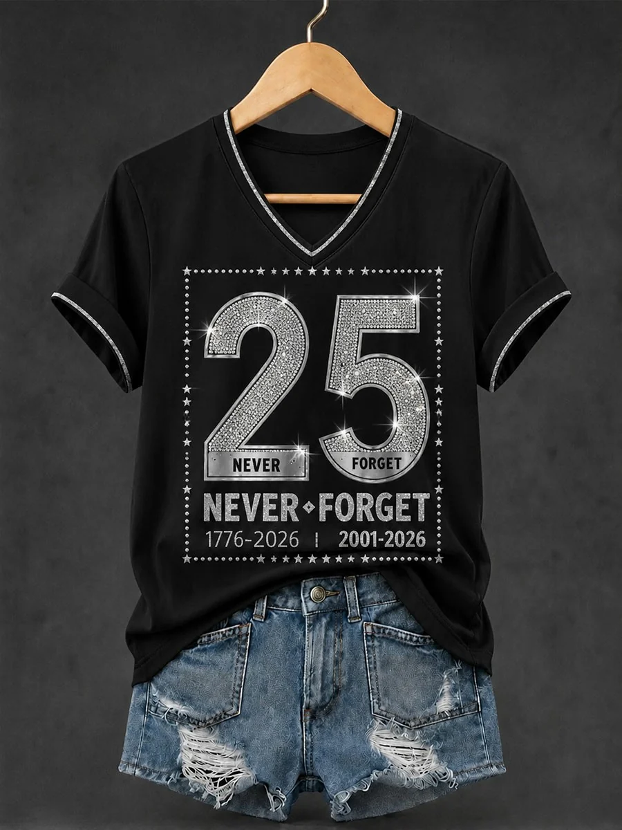 Faux Rhinestone 25th Anniversary Never Forget V-Neck Shirt, Women's Graphic Tee, September 11 Shirt