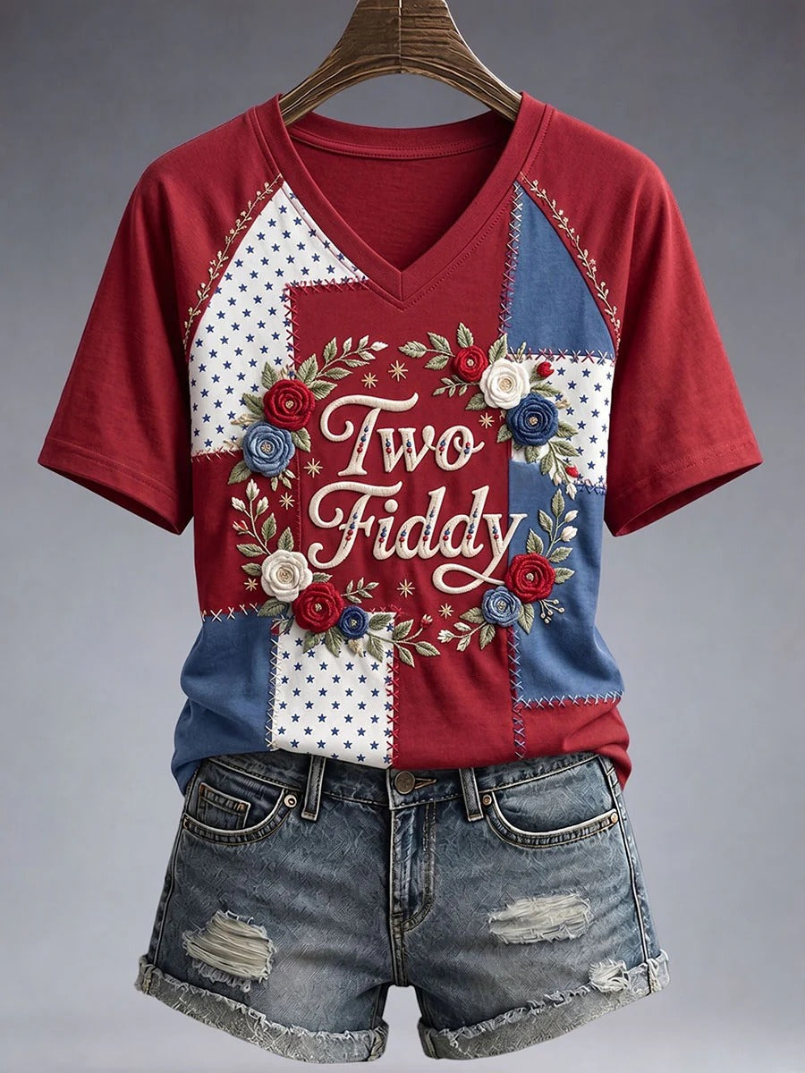 Floral Patchwork Two Fiddy Patriotic Women's V-Neck T-Shirt, Women’s Patriotic Shirt, America Shirt