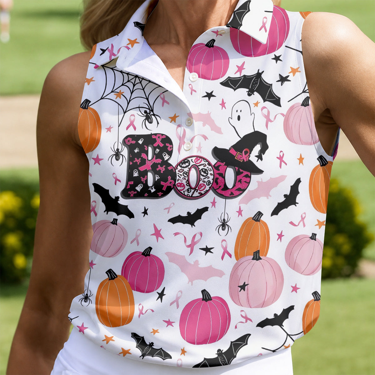 Funny Boo Breast Ribbon Halloween Polo Shirt, Hawaiian Golf Shirt, Women's Golf Tops