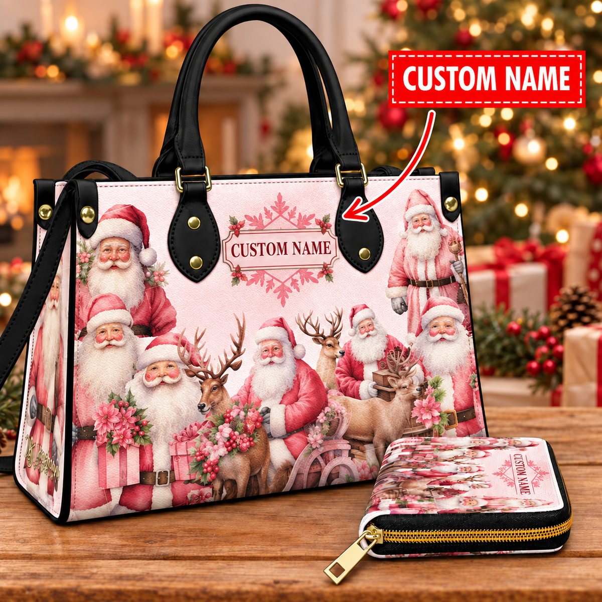 Custom Santa Reindeer Leather Handbag, Christmas Handbag, Holiday Gift