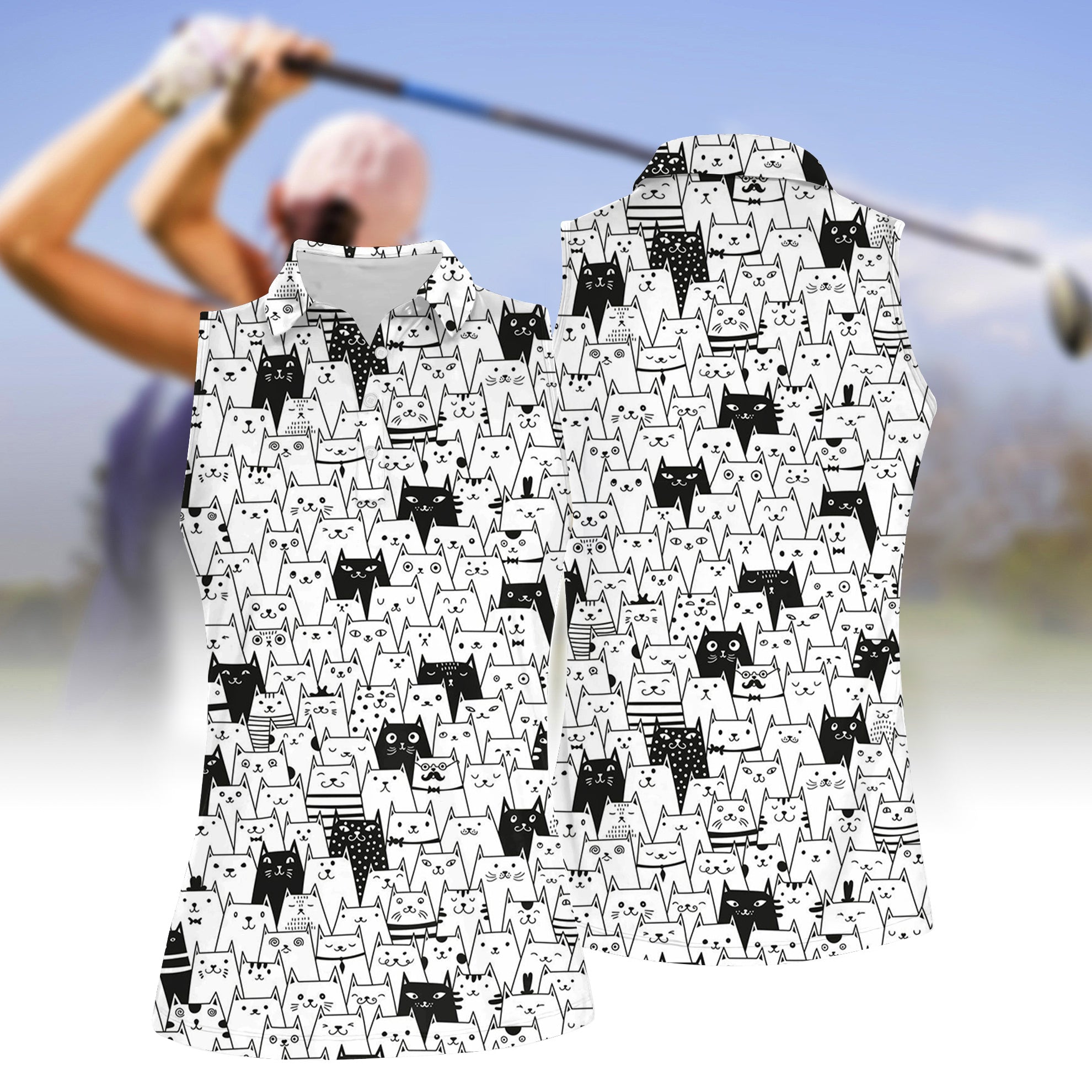 Cat Print Funny Womens Sleeveless Polo Shirt, Womens Golf Gifts