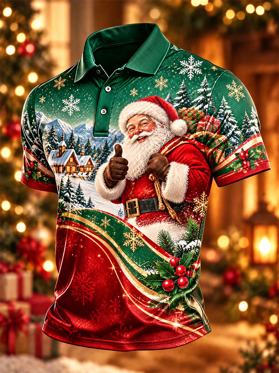 Thumbs Up Santa Gift Sack Christmas Polo Shirt for Men