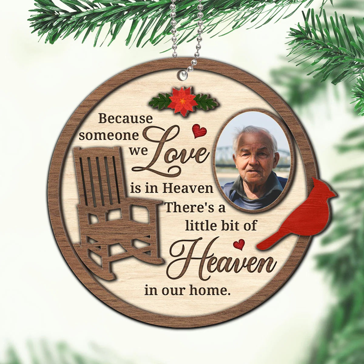 Because Some One We Love In Heaven Cardinal Memorial Wood Christmas Ornament, Sympathy Gift