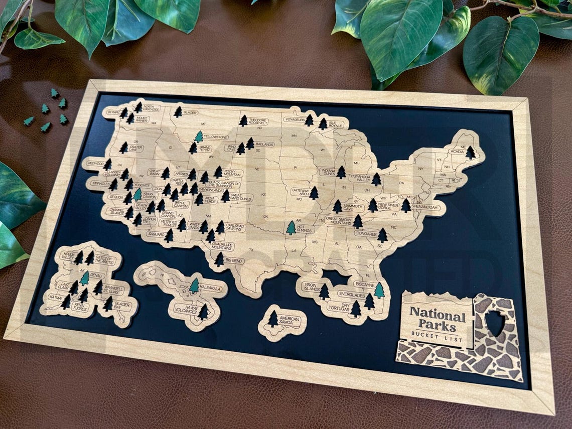 National Park Travel Map With Pins, National Parks Wood Map Tracker