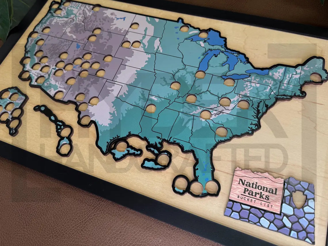 National Park Travel Map With Pins, National Parks Wooden Map Tracker