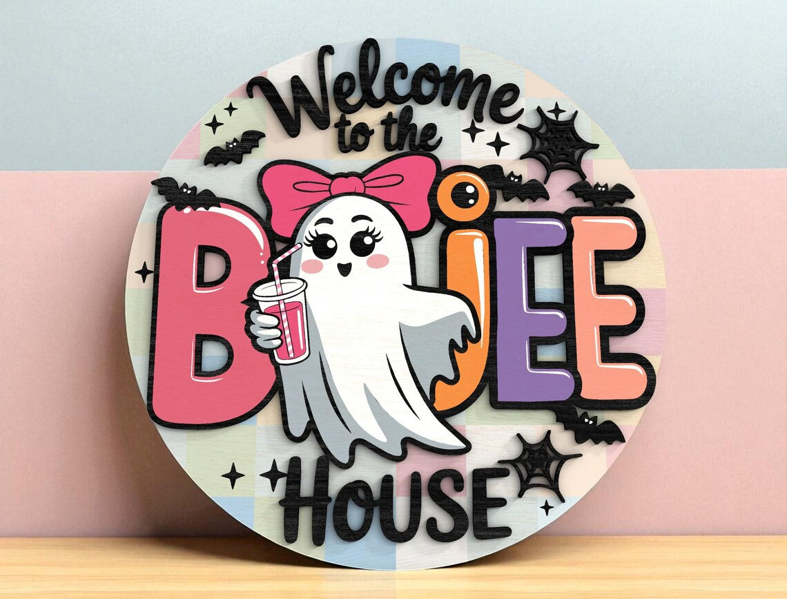 Welcome To The Boujee House Cute Ghost Halloween Door Hanger, Halloween Yard Decorations