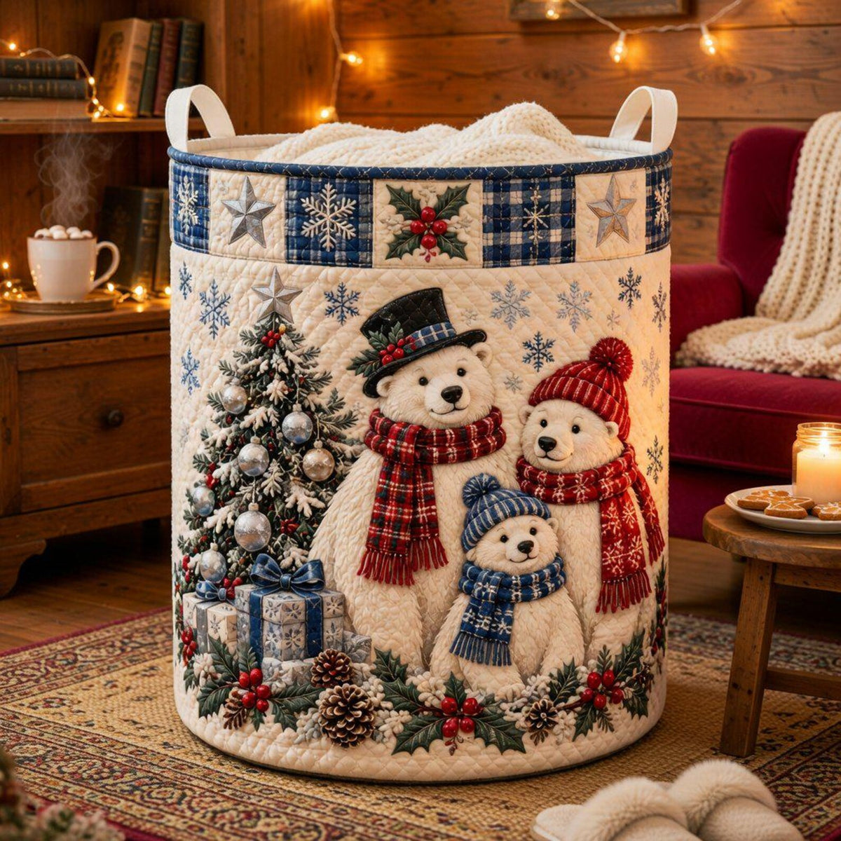 Christmas Polar Bear Family Laundry Basket, Laundry Hamper, Gift For Grandma