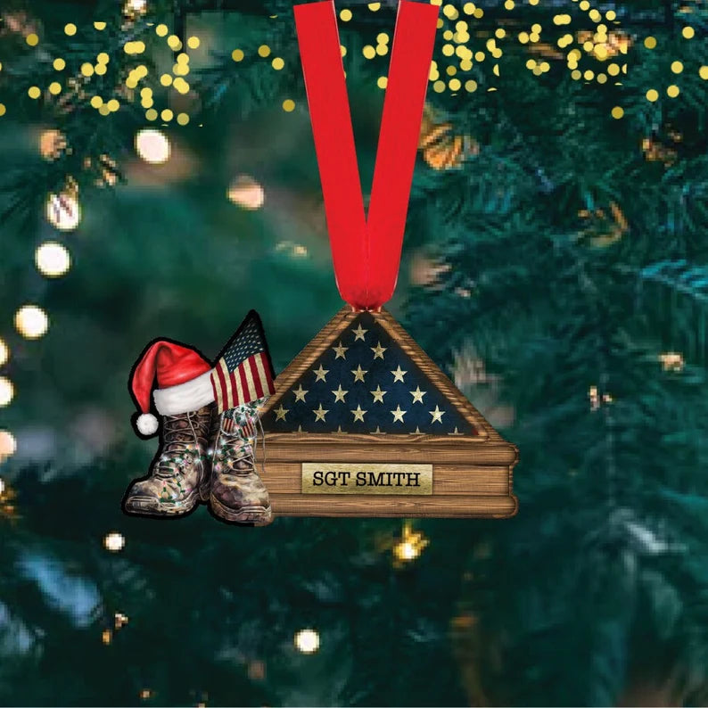 Personalized Military Soldier Memorial Christmas Ornament, Flag Military Ornament, Gift For Veteran