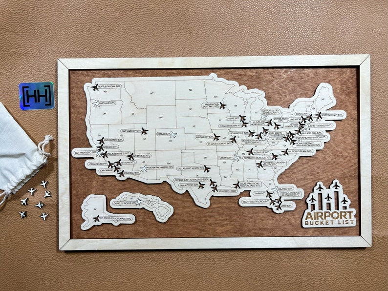 Airports Bucket List With Pins, Airports Wooden Map Tracker