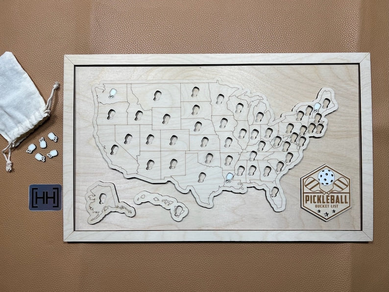 Pickleball Bucket List With Pins, Pickleball Wood Map Tracker, Gifts For Pickleball Players