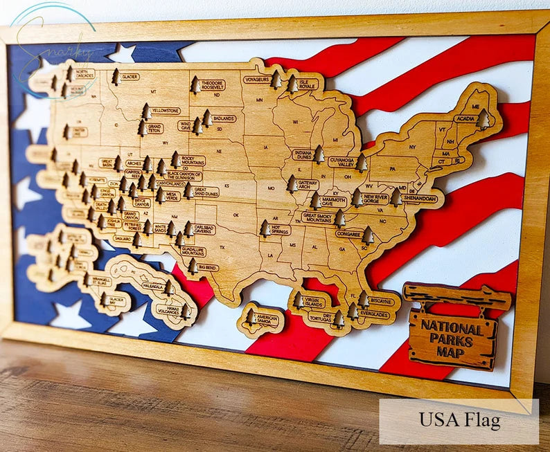 Personalized National Park Map Wooden Checklist Travel With Pins, USA Flag Map, Travel Map Tracker