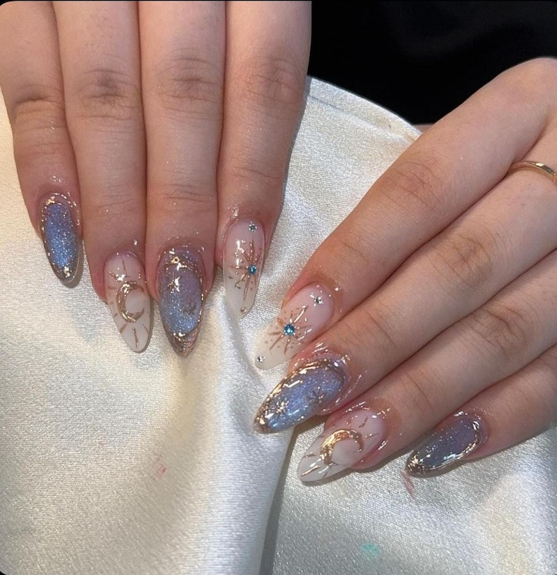 Fairy Galaxy Sky Blue Cat Eye, 3D Golden Moon Stars Lines Press on Nails, Handmade Press On Nails
