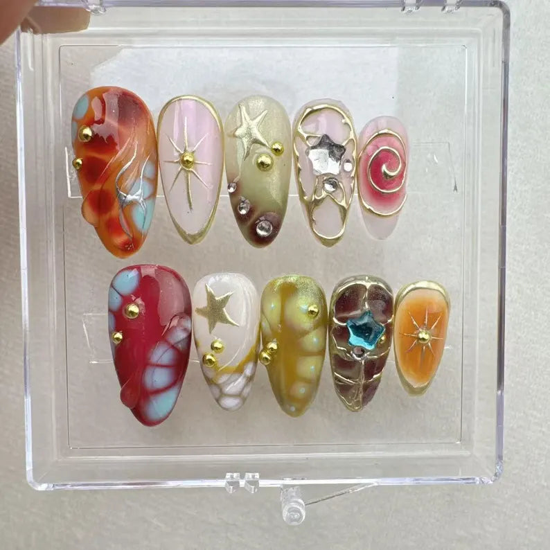 Abstract Marble Long Almond Press On Nails, Gold 3D Star Accent Retro Art Nails, Nail Set