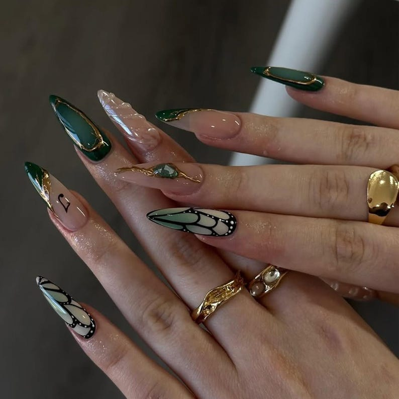 Butterfly Wings Press On Nails, Mystical Forest Nail Art, Gold and Green Marble Nails, Handmade Press On Nails