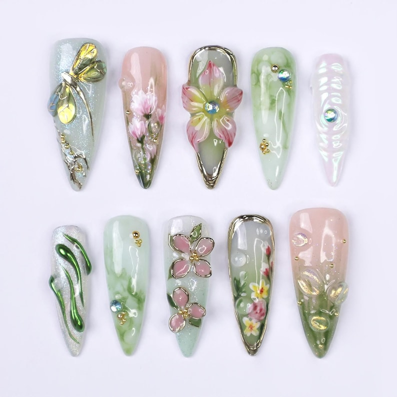 Press On Nails Dragonfly with Pink Flower, 3D Nature Fake Nails in Long Almond, Handmade Spring Nail