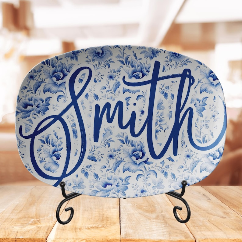 Personalized Blue Chinoiserie Family Name Platter, Custom Farmhouse Serving Tray, Mother day
