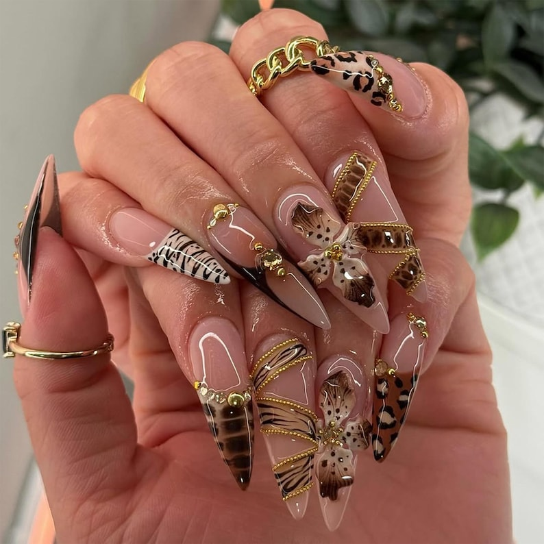 Luxury Brown Press On Nails, 3D Leopard Zebra, Wild Chic Long Press On Nail, Gold Chain Animal Nails