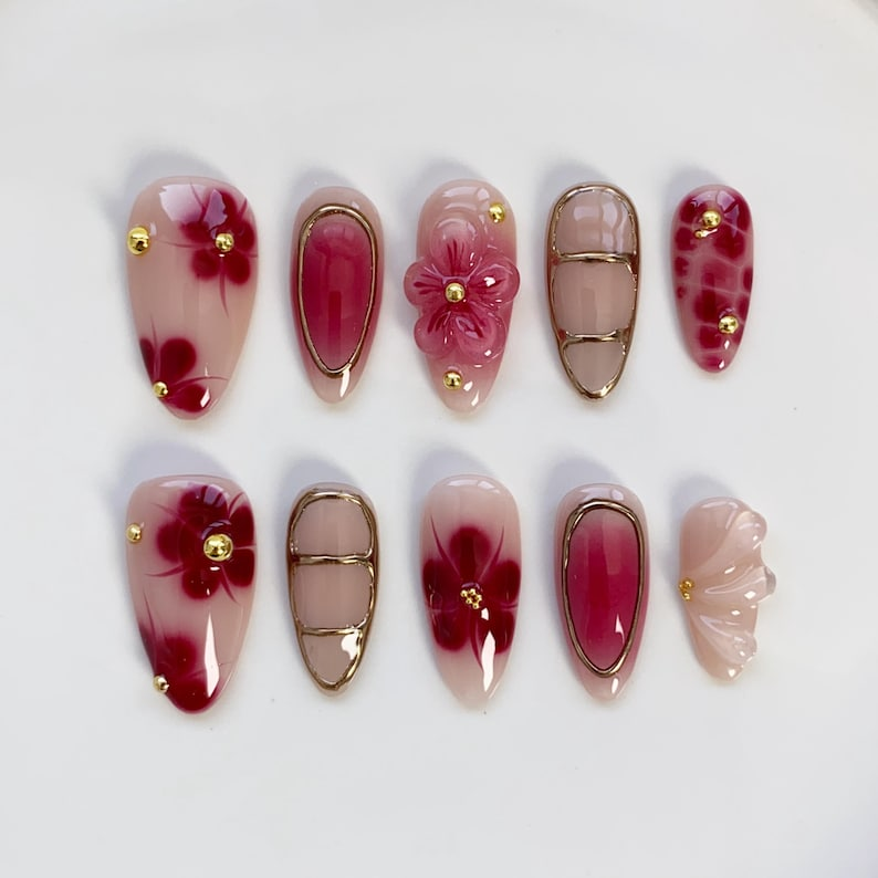 Blooming Burgundy Flower Press on nails long almond nails, 3D Gold Chrome Nails, Burgundy Nails