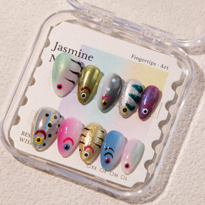 Colorful Fish Press On Nails, Hand Painted Almond Nails, Ocean Inspired Reusable Nail Art Gift