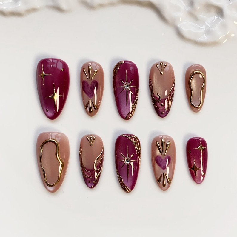 Mulberry Press on nails almond nails, Red Cat Eye Nails, 3D Gold Chrome nail, Homemade Burgundy Nails