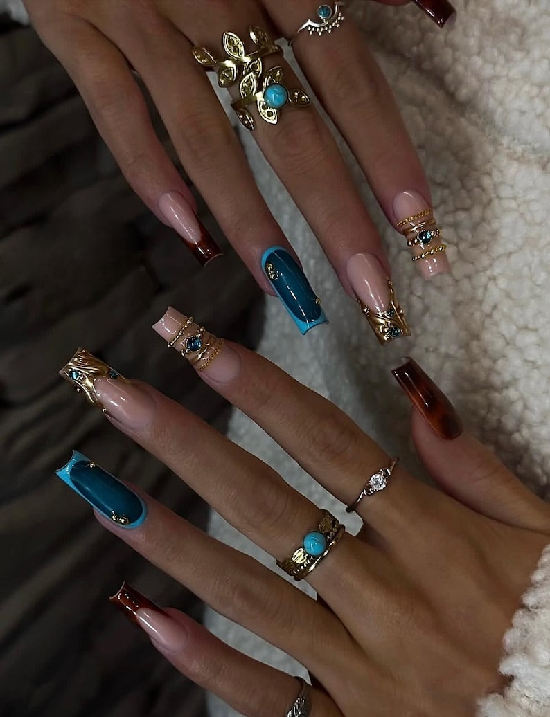 Blue Gemstone Press On Nails, Handmade Gel Nails, Glue On Nails, Date Night Nails