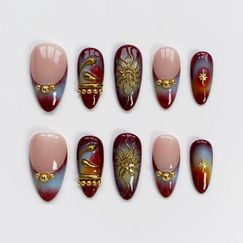 Aura press on nails, Brown long almond nails, Gothic gold chrome nails, Goth nails