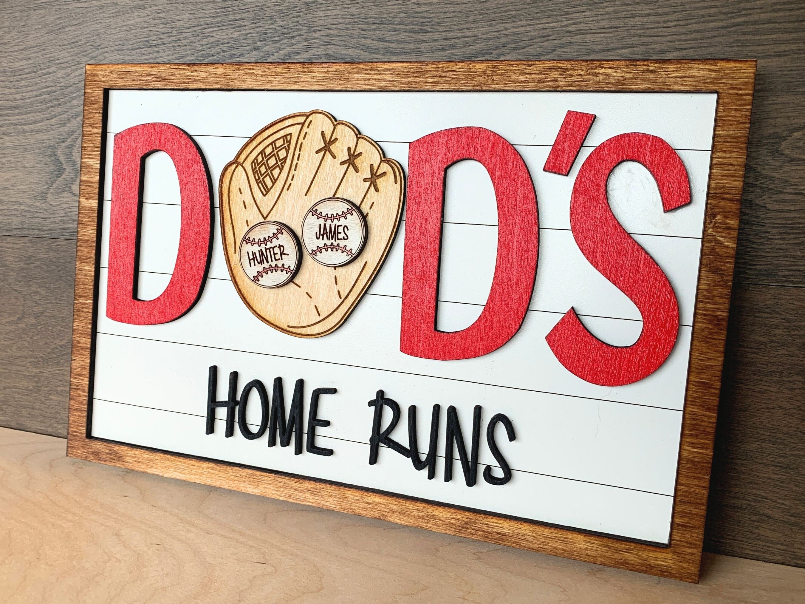 Dad's Home Runs Personalized Wood Sign, Baseball Sign, Gift For Baseball Lovers