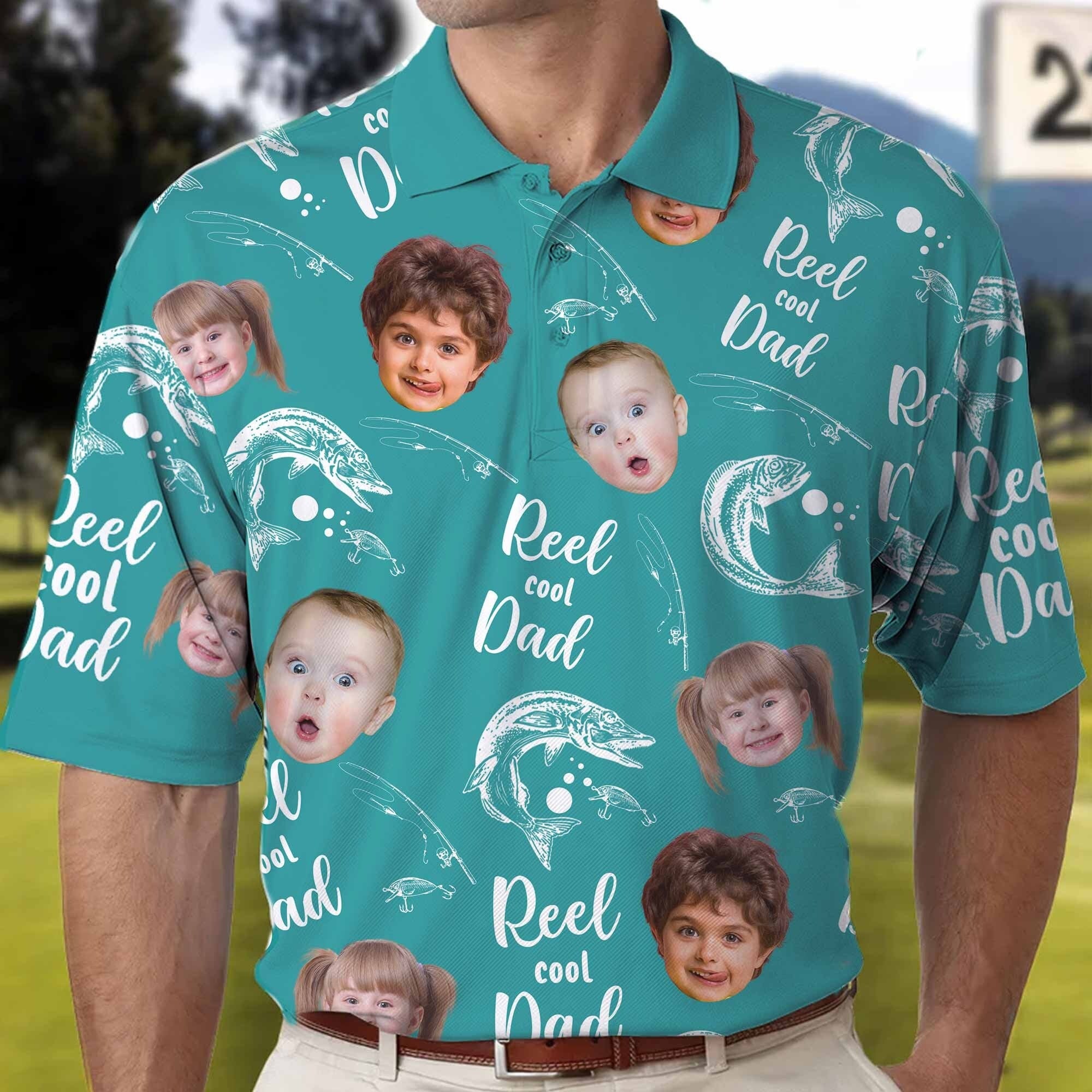 Personalized Reel Cool Dad Polo Shirt, Custom Face Photo Kids Polo Shirt For Dad, Grandpa, Fisherman Gift, Fishing Lover