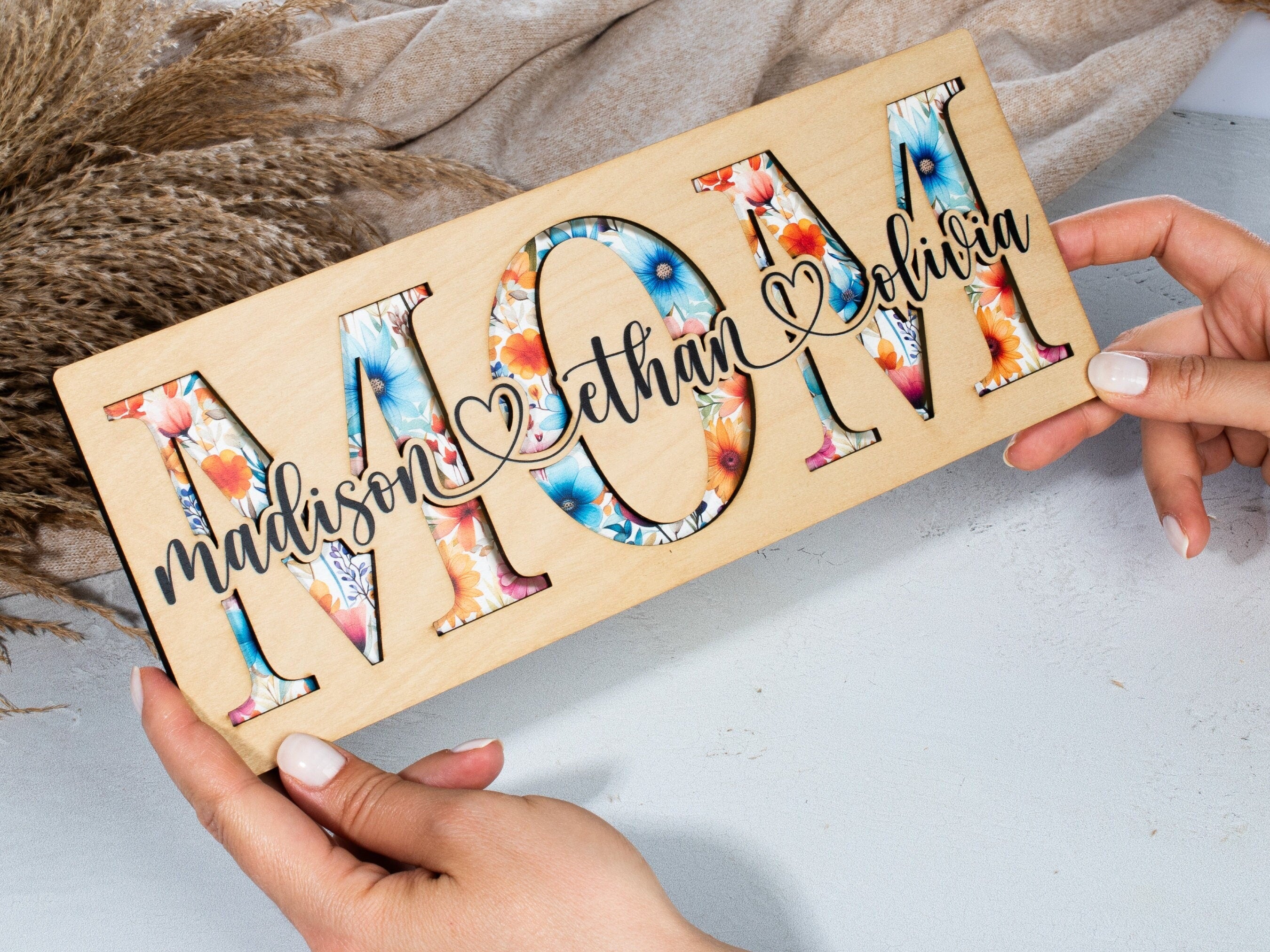 Mom With Kid Names Customize Layer Wood Sign, Mother's Day Gift