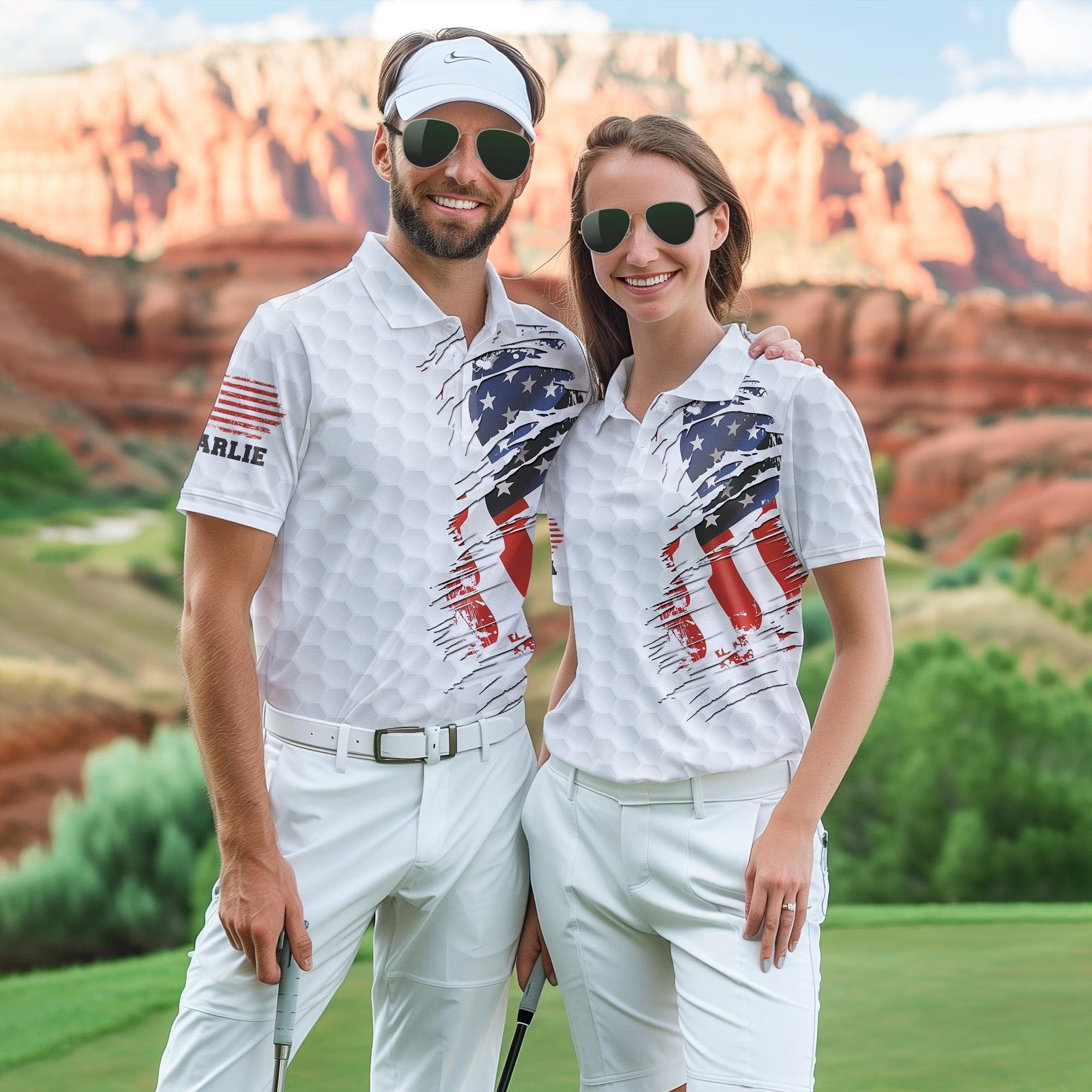 Couple US Flag Patriotic Golf Polo Shirt, Proud Golf American Polo Shirt, Men Women Golf Shirt, Golf Flag Shirt, Golf Lover Gift