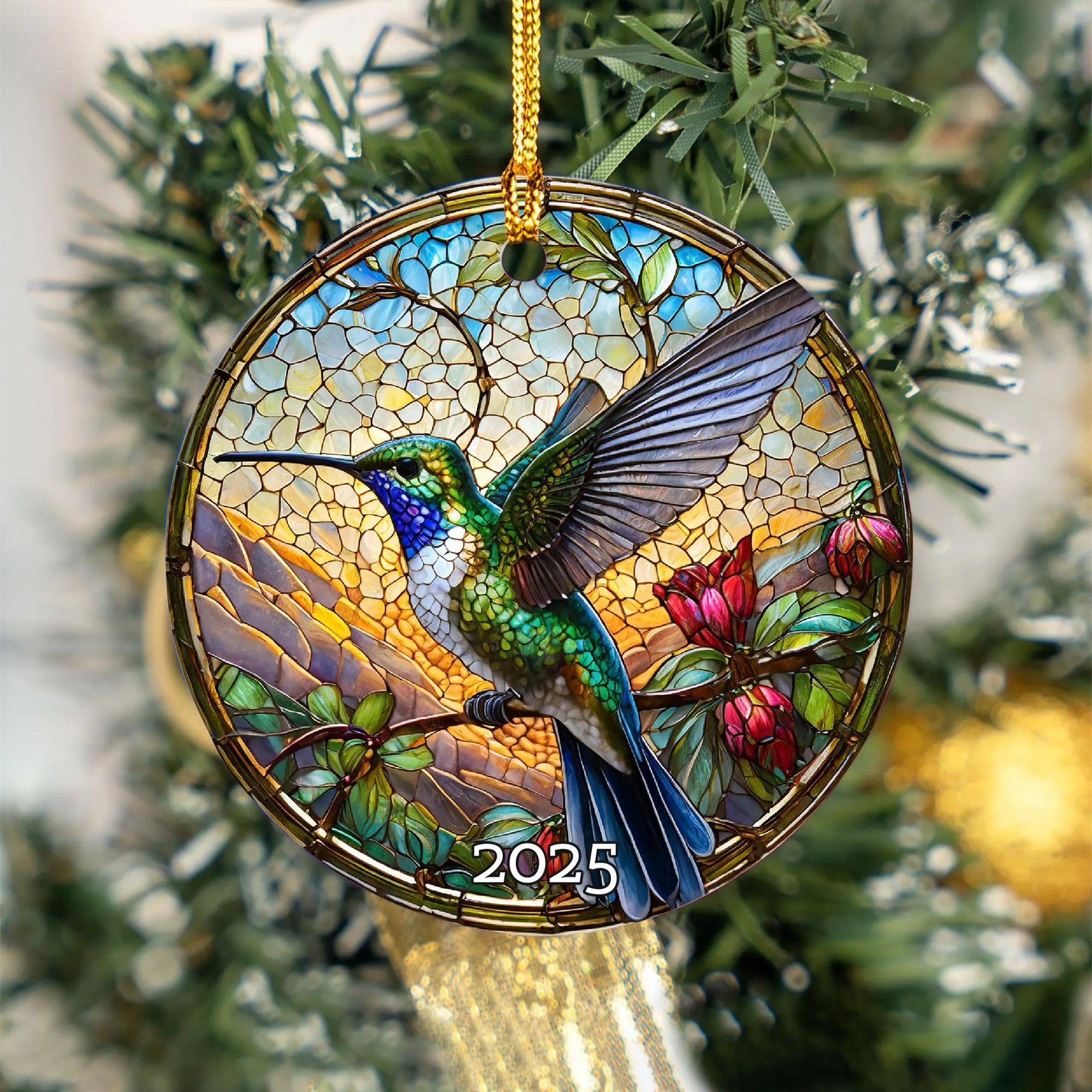 Humming Bird Flowers Christmas Ornament, Stained Glass Ornament, Christmas Decor, Christmas Gifts