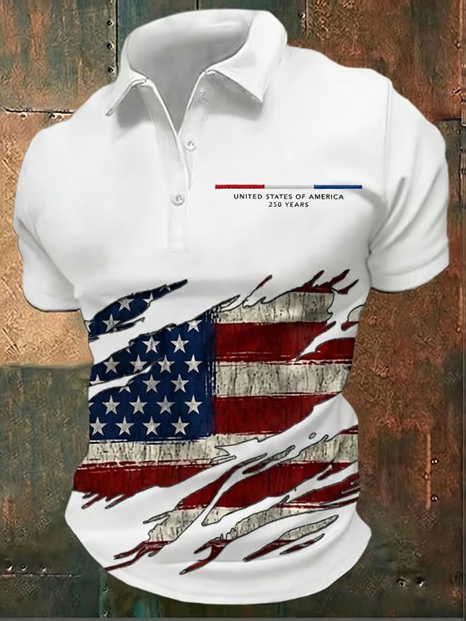 US 250 Years Distressed Flag Retro White Patriotic Shirt, 4th Of July Men's Shirt, Vintage Polo Shirt