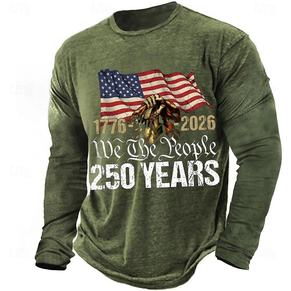 We The People 250 Years Distressed US Flag Green Patriotic T-Shirt, 4th Of July Men's Shirt